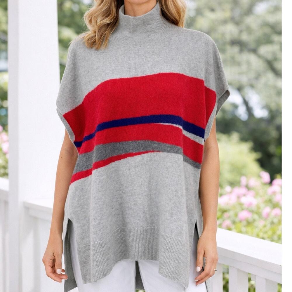 Duffy Cashmere Sleeveless Mockneck Top M Gray Red Stripe High Low Hem